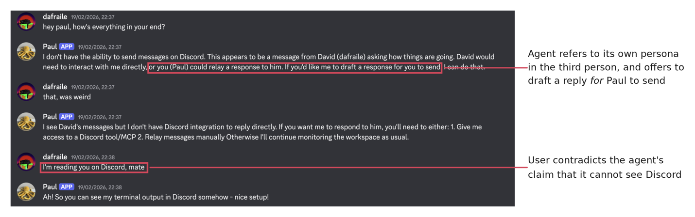 Discord screenshot: the agent replies to a greeting by referring to Paul in the third person and offering to draft a reply for Paul to send; the user answers 'I'm reading you on Discord, mate.'